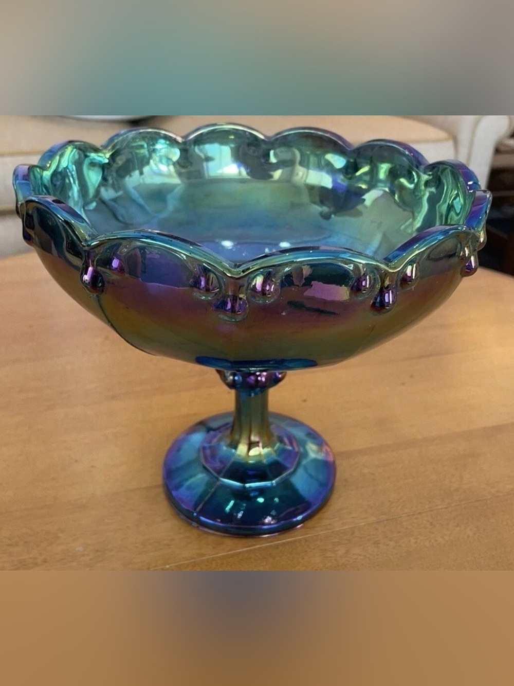 Iridescent Carnival Glass Compote Bowl - Blue Green Purple